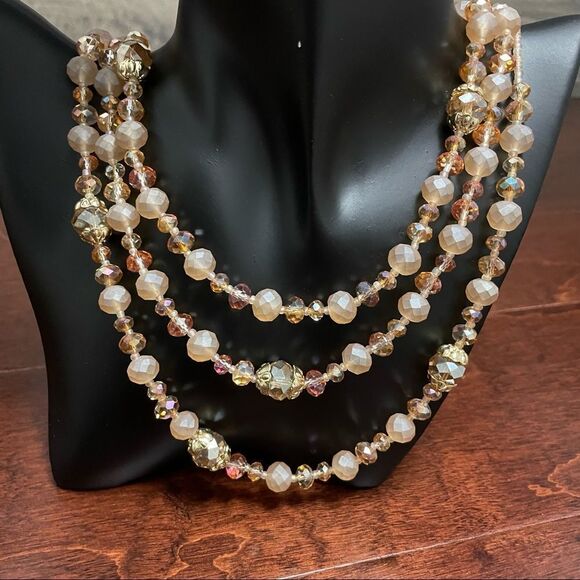 Crystal Cream Light Brown & Clear Mid Century Modern Style Multi Strand Necklace - Picture 2 of 9